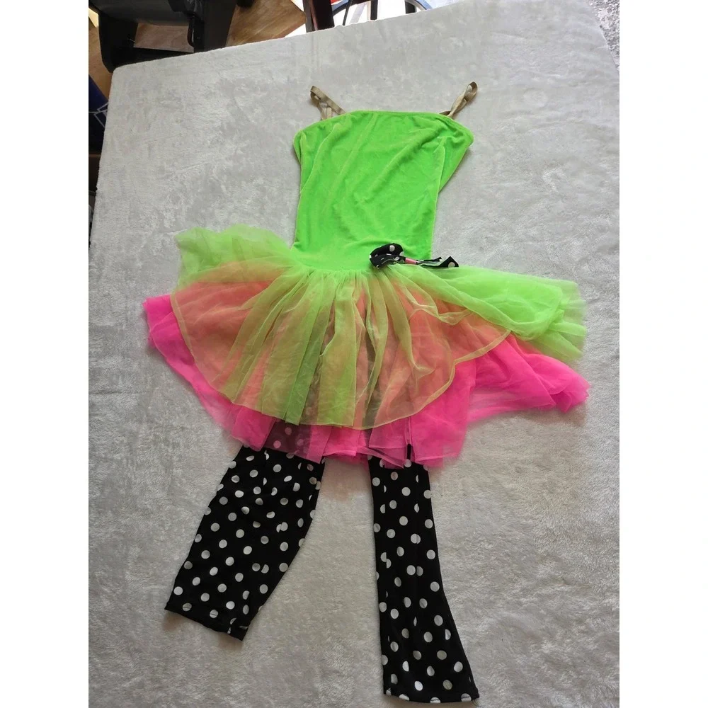 387 Girls Neon Green Pink Clown Costume Dress Tutu Polka Dot Leggings